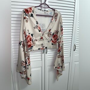 Floral Cropped V-Neck Bell Sleeve Top